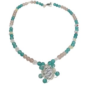 Silver Plated Millefiori Lampwork Hearts Howlite Frosted Glass Necklace